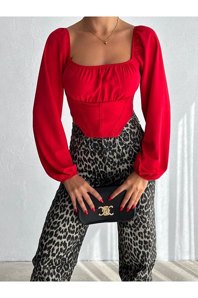 ELBEY Tulle Long Sleeve Sandy Blouse with Six Ribbed Sleeves