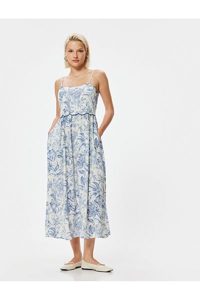 Koton Rochie florală din amestec de in Fusta midi cu buzunare cu bretele