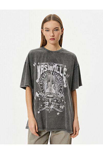 Koton Μπλουζάκι με άνετη εφαρμογή Pale Effect Βαμβακερό λαιμόκοψη με κοντό μανίκι