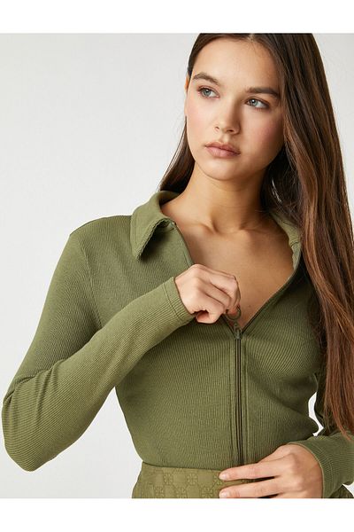 Koton Tričko Polo s dlouhým rukávem, přední zip s texturou Basic