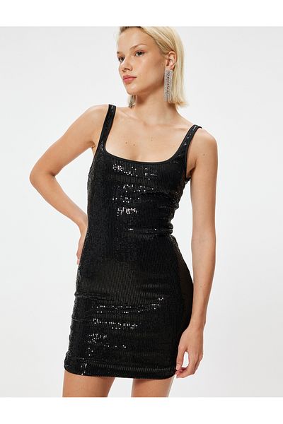 Koton Ärmelloses Mini-Abendkleid im Slim Fit – Pailletten, quadratischer Kragen