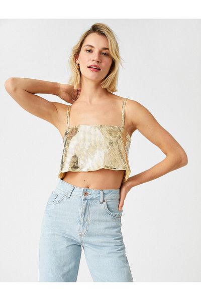 Koton Detaillierte Crop-Bluse mit Pailletten am Rücken