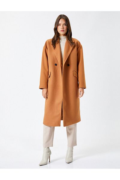 Koton Long Stamp Coat Double Breasted Buttoned Pocket Detail