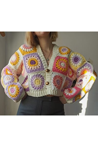 El örgüsü Women's Crochet Cardigan with Sunflower Print, Hand Knitted Cardiga...