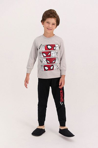 SPIDERMAN Boy's Licensed Pajama Set - Long Sleeve, Rib Detailed, Dark Beige Melange D4615-c