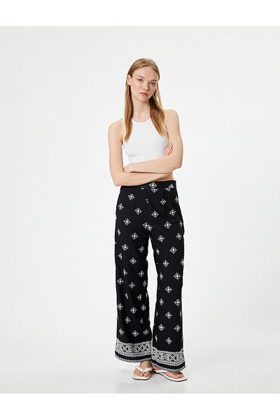 Koton Pantaloni din vascoza brodata - Talie elastica, picior lat