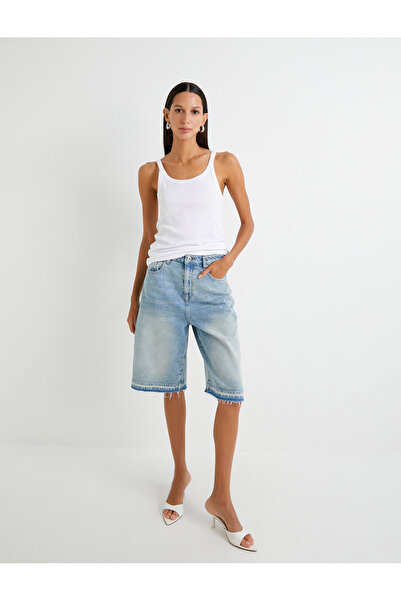 Koton Bermuda Kot Şort Düz Kesik Paça Cepli Pamuklu