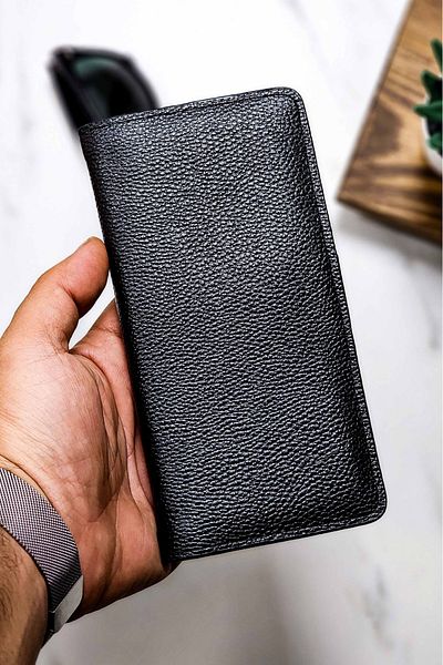 VANİLLA COLLECTİON Unisex Leather Portfolio Card Holder Long Wallet with Phone Compartment Black