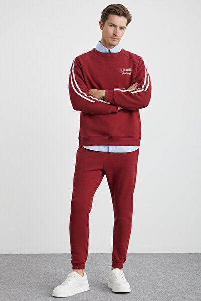 GRIMELANGE Lasting Men's Organic Cotton Embroidered Fleece Inside Pocket Jogger Burgundy Sweatpants