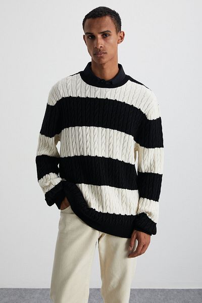 GRIMELANGE Narvık Men's Recyle Soft Crew Neck Hair Knit Patterned Knitwear Black/Ecru Sweater