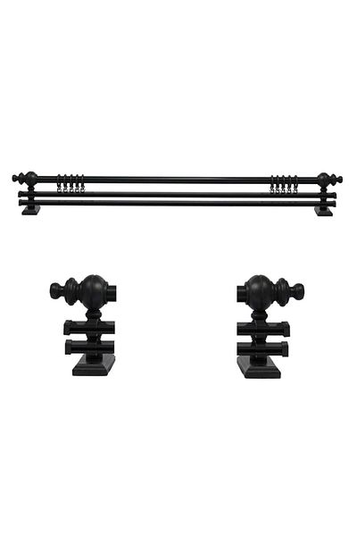 Happys Umeraș pentru perdea rustic din lemn cu șină dublă neagră și țeavă rustică din aluminiu 200 cm