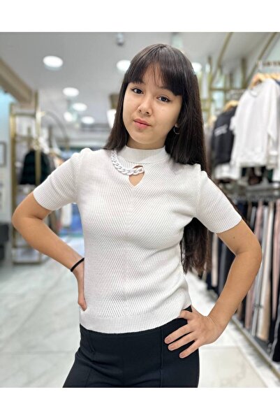 Minimoda Kids Yakasında Zincir İnce Kız Triko Kazak