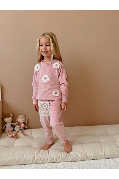 RAPAPA Girls' Daisy Embroidered Velvet Fabric French Velvet Bottom Top Suit 1111