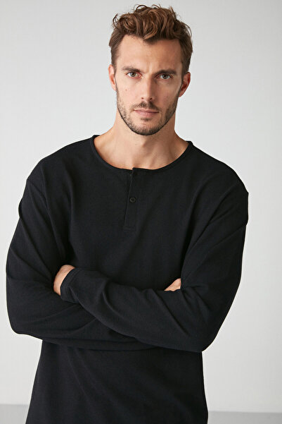 GRIMELANGE Lorenzo Erkek Özel Rustik Dokulu %100 Organik Pamuk Düğme Detaylı Regular Siyah Sweatshirt