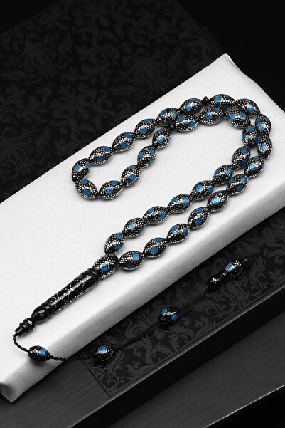 Alibaba Doğaltaş Gümüş İşlemeli Kuka Tesbih 8 x 12 mm Arpa Kesim