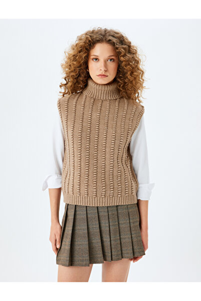 Koton Turtleneck Sleeveless Textured Back Zippered Knitwear Sweater