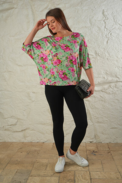 ESPİNA Women's Oversize Viscose Floral Bat Sleeve T-Shirt