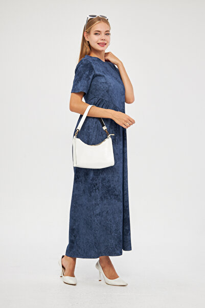 CrazyShopping Kadın Asit Yıkama Efektli Cupra Kısa Kollu Büzgülü Örme Maxi Elbise