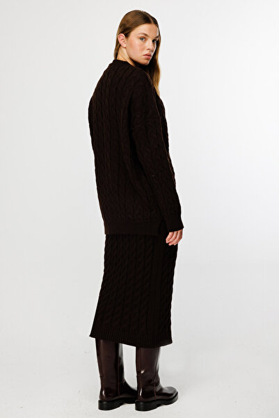 Hooopstore Saç Örgü Triko Kahve Elbise Hırka Takım