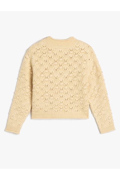 Koton Openwork Knitwear Sweater - Round Neck, Long Sleeve, Tassel Detail