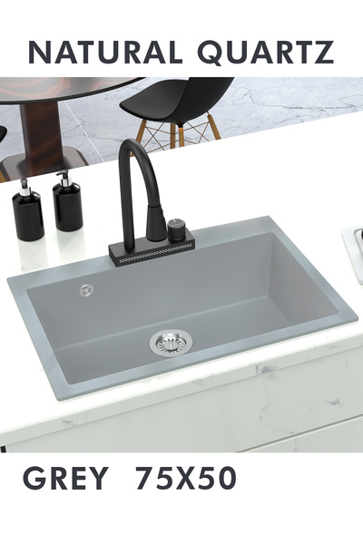 HENASURFACE Granit Eviye Tek Gözlü Gri 75x50 Granit Eviye Kuvars