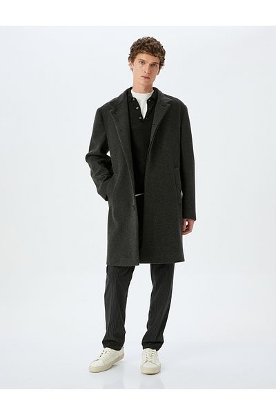 Koton Midi Length Cashmere Coat with Judge Collar Pocket Detail