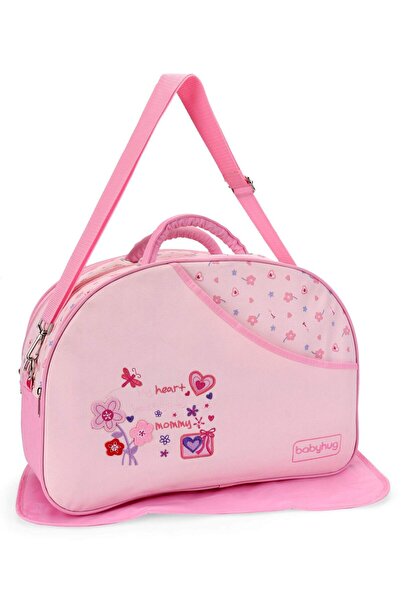 Babyhug Heart & Floral Print Diaper Bag with Changing Mat - Pink, Spacious Nylon, 0-3 Years