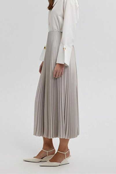 MİZAN MODA Women's Elastic Waist Leather Look Pleated Skirt