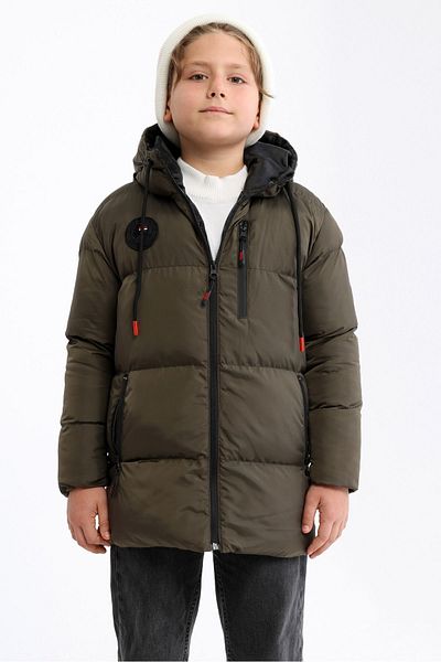 QAWWA Khakifarbene, winddichte, aufblasbare Winterjacke mit Kapuze für Jungen