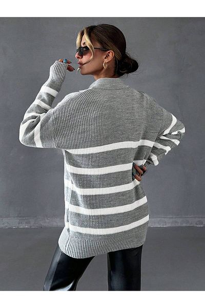 ÇEÇİM Women's Fisher Collar Half Zipper Striped Knitwear Sweater Zyn-58739