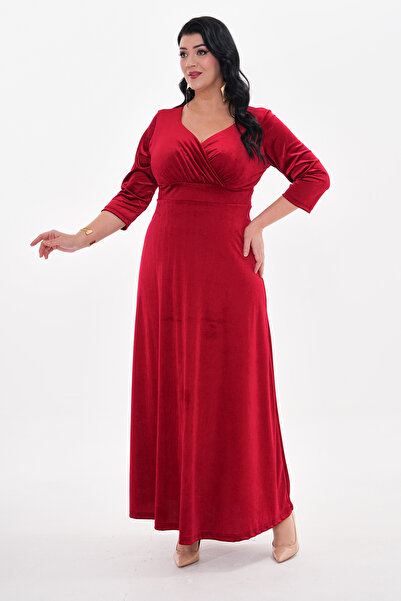 IŞILTI Plus Size Velvet - Flexible Lycra, Double Breasted Neckline and Half Sleeve Long Skirt 3121