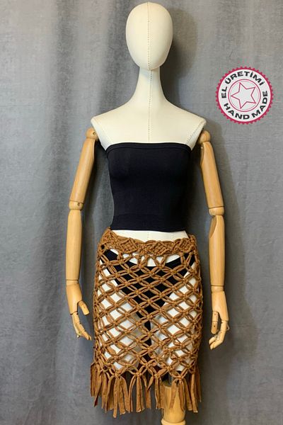 Uretti Sevgi 6598 - Καφέ Μακραμέ Βαμβακερή Φούστα, 58cm Χειροποίητη