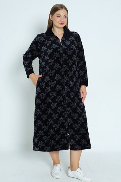 İntensive Print Navy Blue Zip Long Sleeve Cotton Velvet Long Women's Plus Size Dress