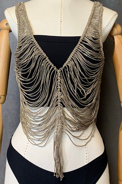 Uretti Sevgi 6598 - YEllow Combed Cotton Thread Macrame Tank Top, 48cm Handmade