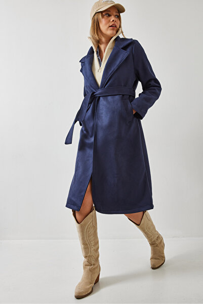 Bianco Lucci Women's Double Breasted Collar Belted Pocket Detailed Cashmere Coat 2606 60451017