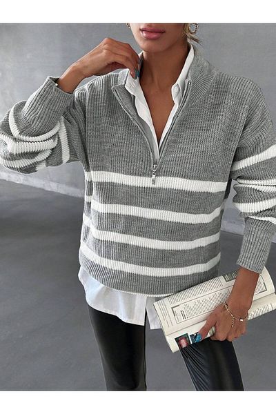 ÇEÇİM Women's Fisher Collar Half Zipper Striped Knitwear Sweater Zyn-58739