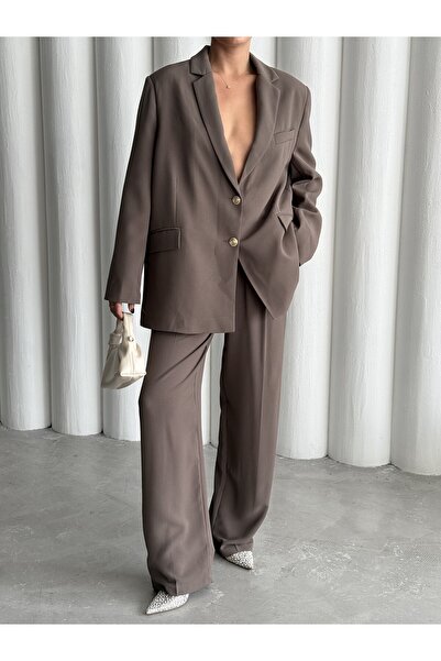 Laluvia Sötét nyérc Cosmopolitan arany gombos blézer dzseki nadrág szett - 9418