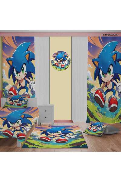 A2ZTR Sonic Desen Çocuk Ve Bebek Odası PERDE,YATAK ÖRTÜSÜ,Halı,DUVAR SAATİ,YASTIK VE KIRLEN KILIFI