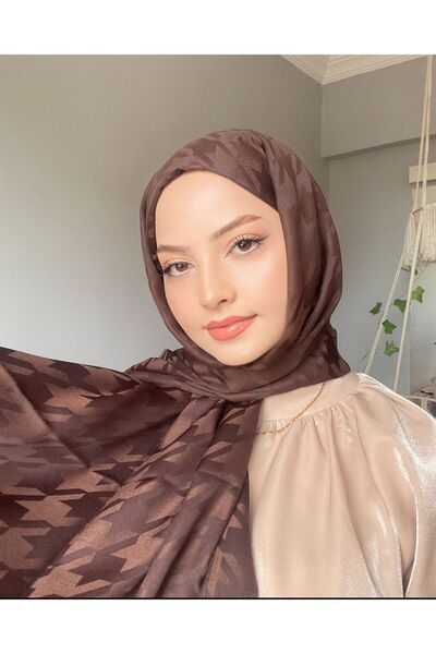 MİS İPEK Houndstooth Pattern Light Brown Silky Jacquard Shawl