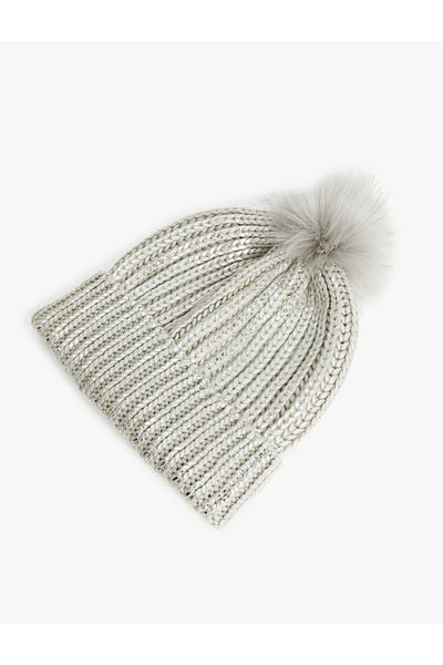 Koton Metallic Layered Pompom Detailed Knitted Beanie