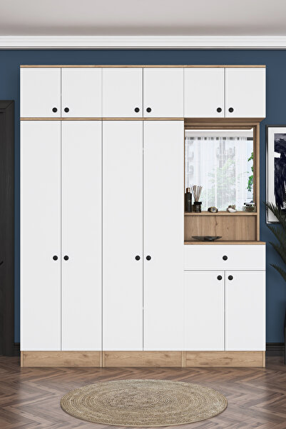 Rani Mobilya Rani EA142 Portmanto Çekmeceli Aynalı Askılı Ayakkabılık Vestiyer Sepet Ceviz - Beyaz