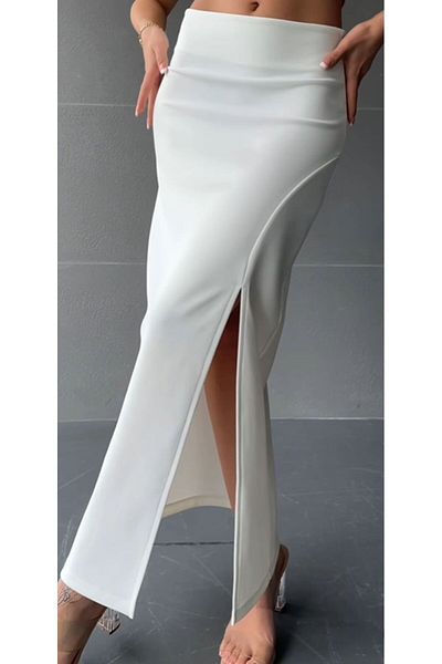 segiza Fusta lungă din Lycra Soft Touch albă - Lebădă cu fante