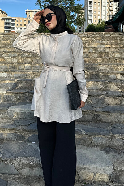 QLAY Γυναικείο τούνικ με ζώνη με τσέπες σε κρεμ χρώμα