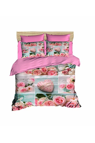 Fabeteks Pink Roses and Heart 3D Double Duvet Cover Pillow Set