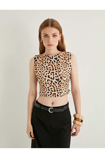 Koton Leopard Print Crop Top - Sleeveless and Window Detailed Back