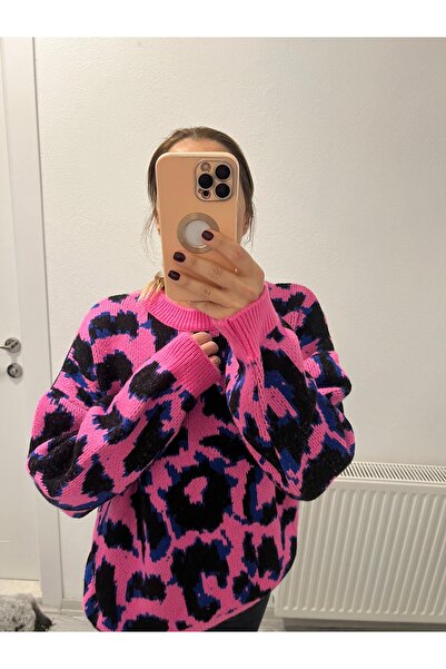 Miyu Accessories Miyu Kadın Leopar Desen Fuşya Kazak