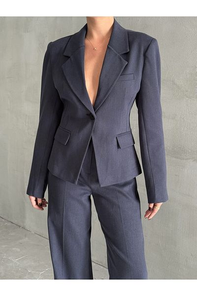 Laluvia Navy Blue Arm Collet and Waist Seated Double Set-9480