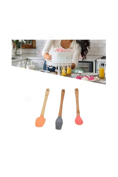 Yenigeldi 3Pcs 21cm Pastel Color Bamboo Handle Mini Silicone Baking Set, (Spoon, Brush, Spatula)