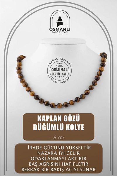 OSMANLI DOĞAL TAŞ Tiger Eye 8 mm Knotted Natural Stone Necklace