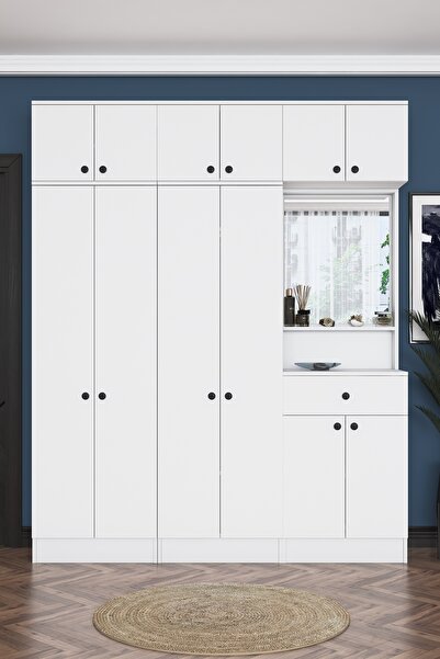 Rani Mobilya Rani EA142 Portmanto Çekmeceli Aynalı Askılı Ayakkabılık Vestiyer Beyaz